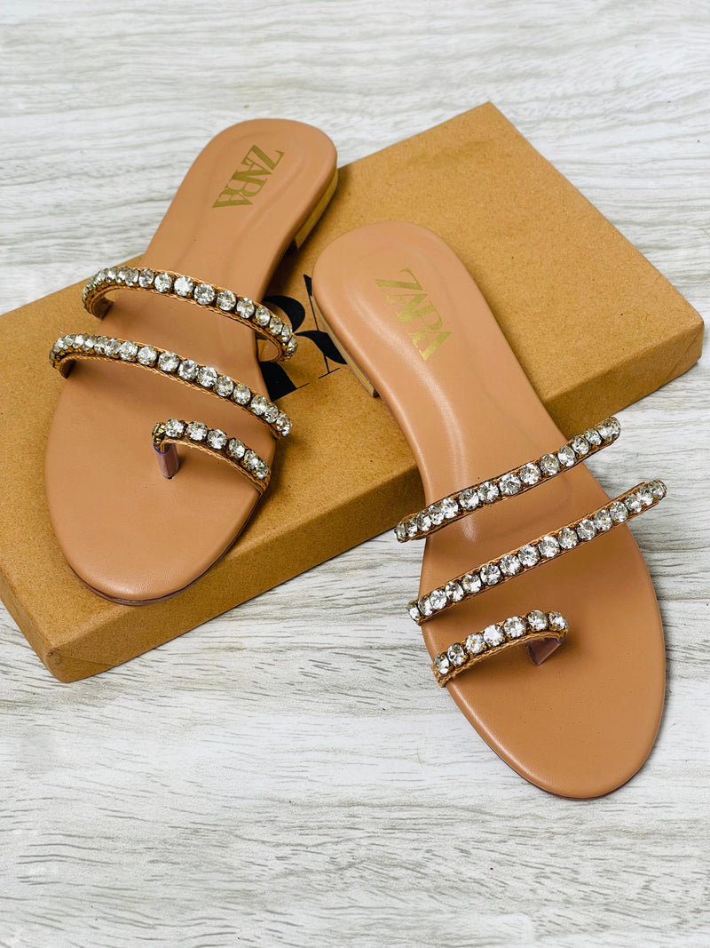 ZARA STONE EMBROIDERED FLATS