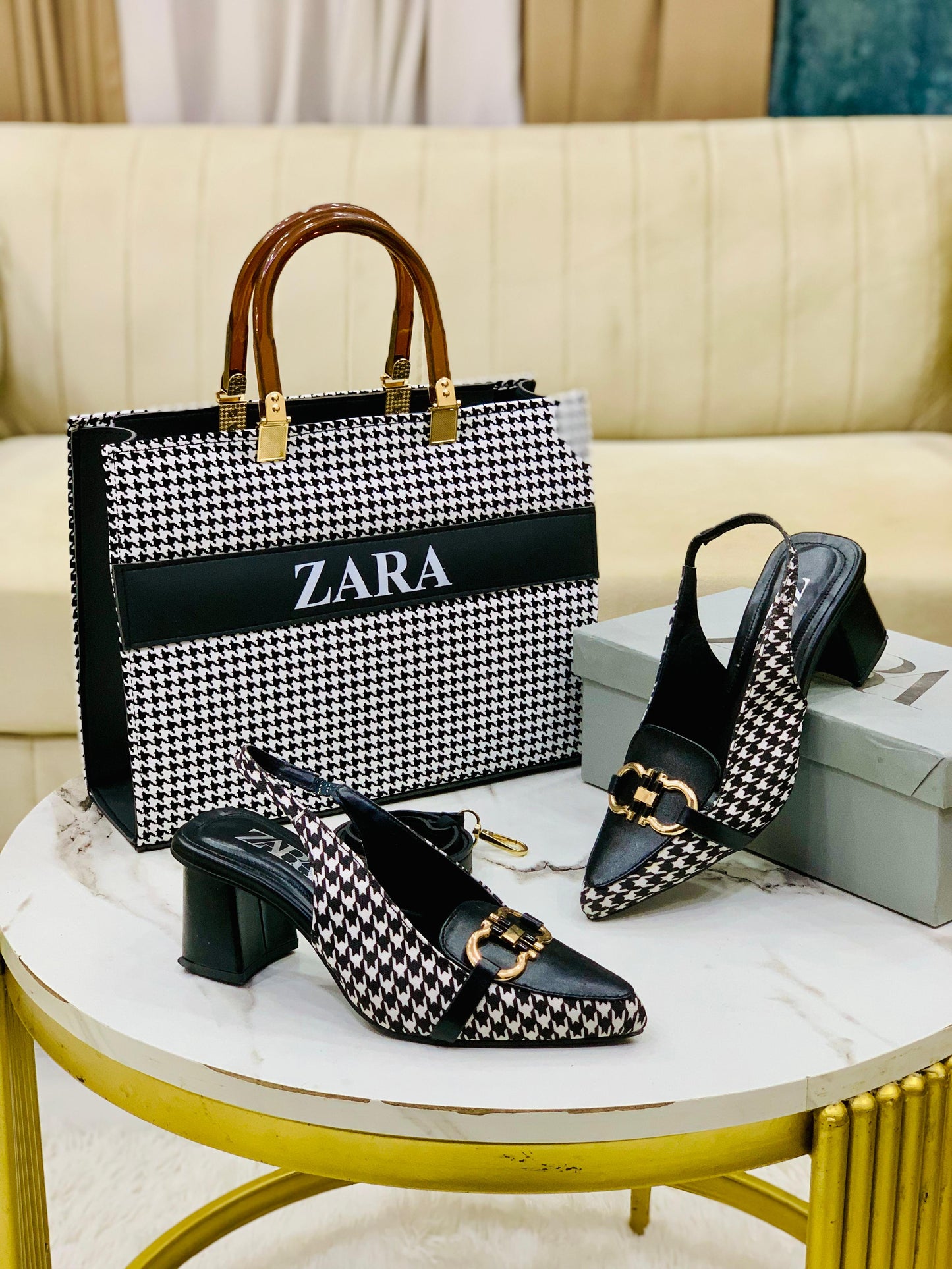 Zara Check Block Heel & Bag Set