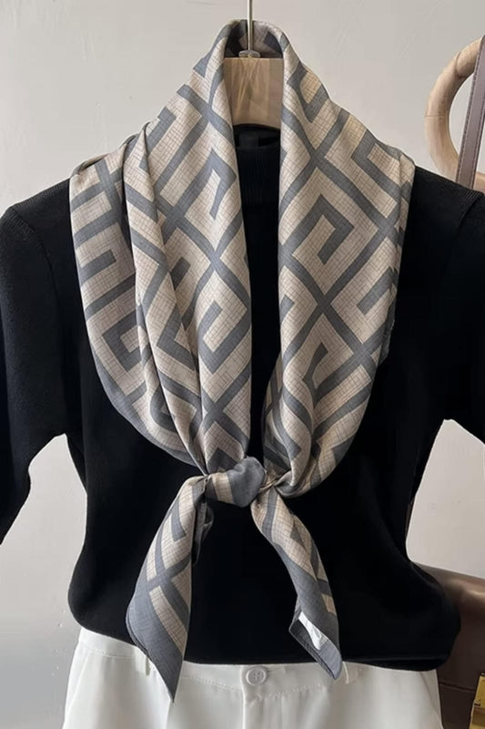 Artistic Abstract Satin Silk Scarf in Royal Blue and Ochre