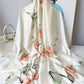 Cream silk-satin scarf with peach rose and green leaf botanical print