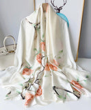 Cream silk-satin scarf with peach rose and green leaf botanical print